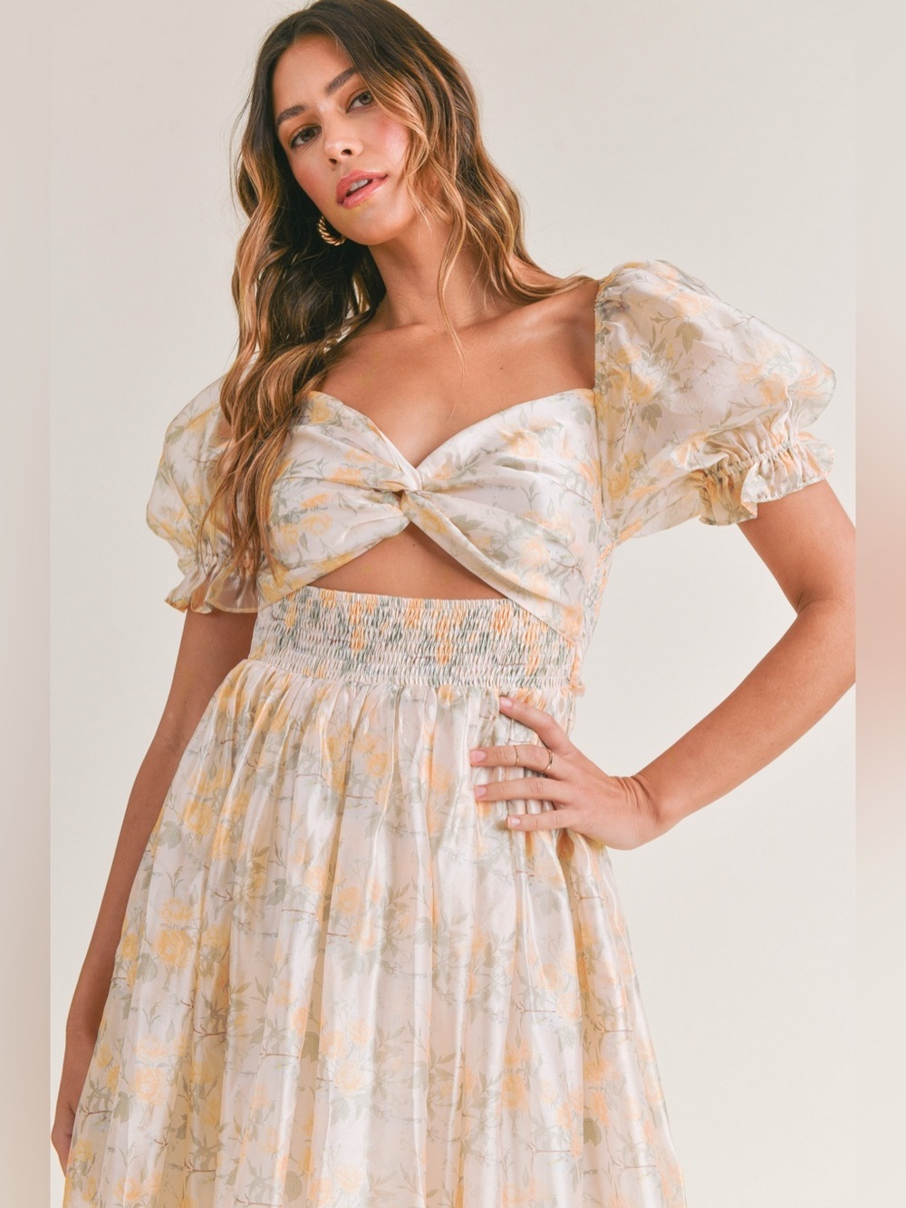 Mable Floral Twist-Front Puff Sleeve Maxi Dress in Soft Yellow